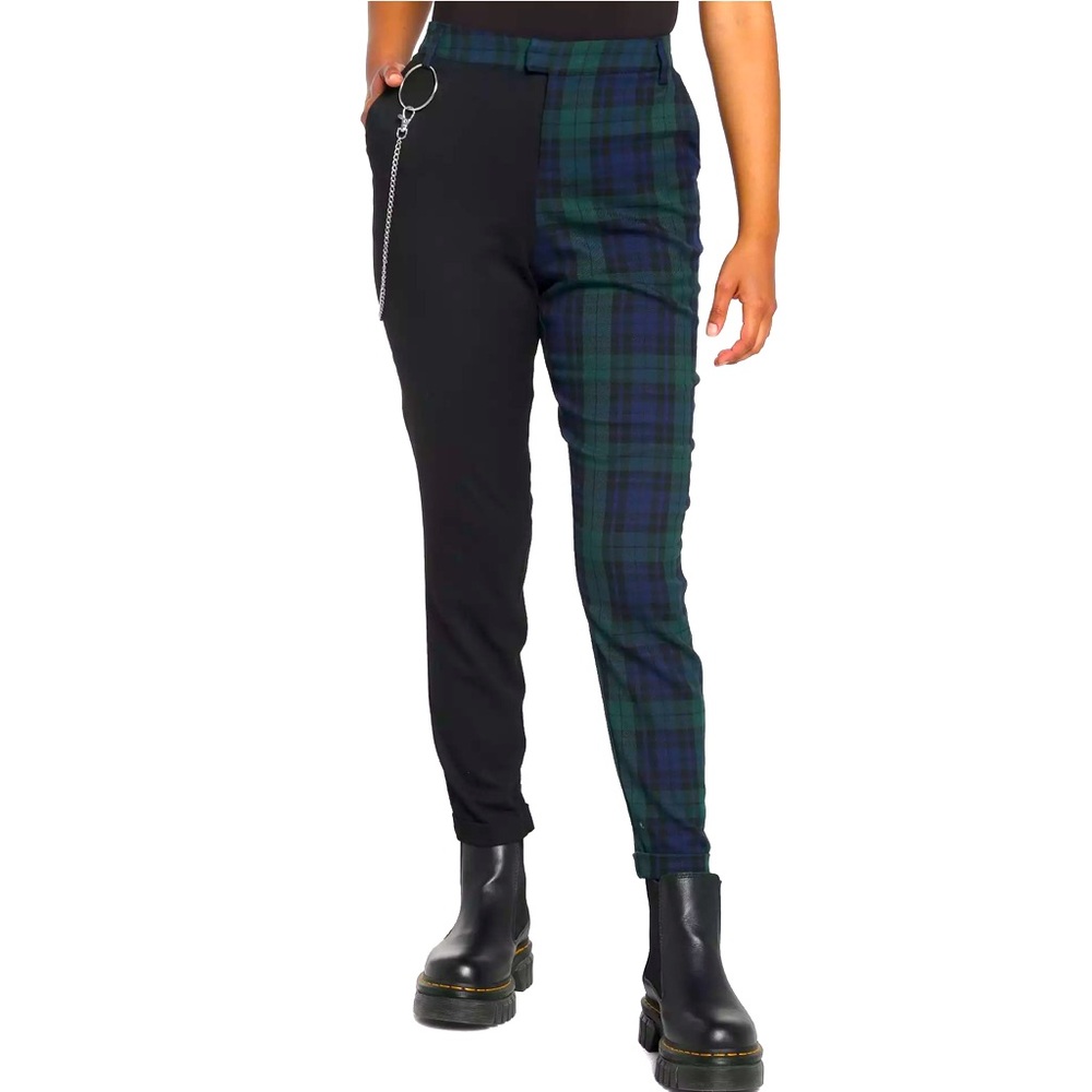 Hot Topic Black and Green Plaid Two-Tone Trousers